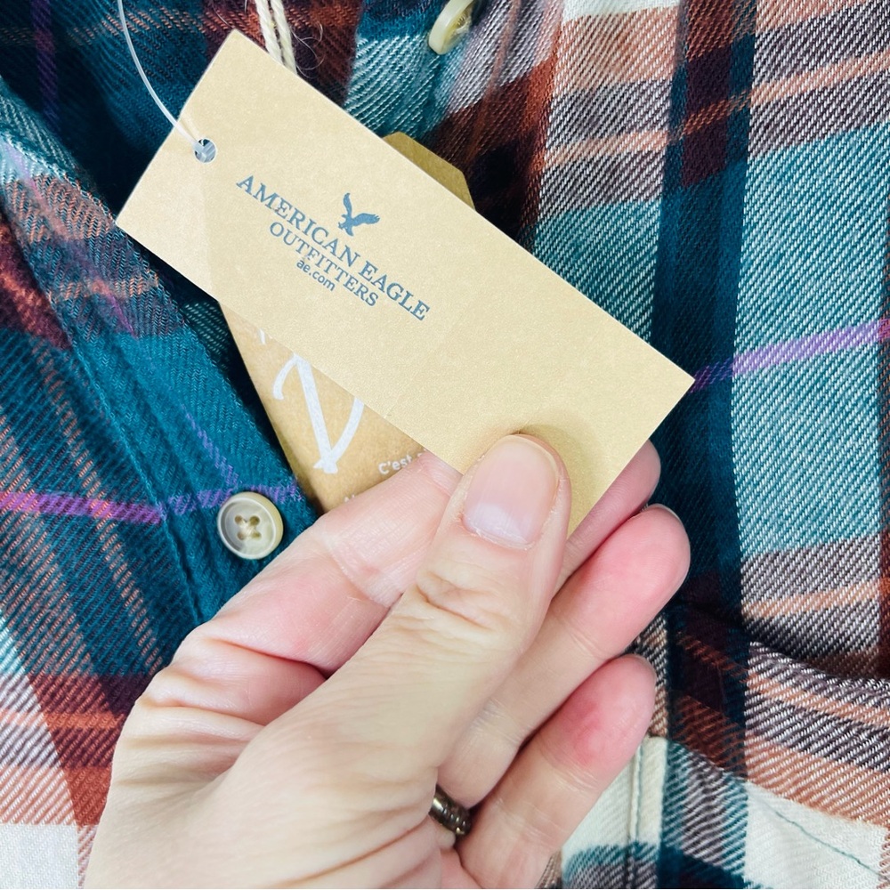NWT AEO green cream rust plaid flannel button front boyfriend top XXL - Picture 6 of 8